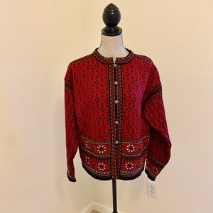 Dale of Norway Red Black Fair Isle Cardigan Sweater Size XL